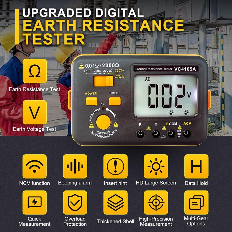 SKYCENX VC4105A Ground Earth Resistance Meter Tester, Grounding Meter Tester for Earthing,Offers Three Resistance Ranges (20Ω/200Ω/2000Ω) and AC Voltages 750V,with Tool Bag - Image 3